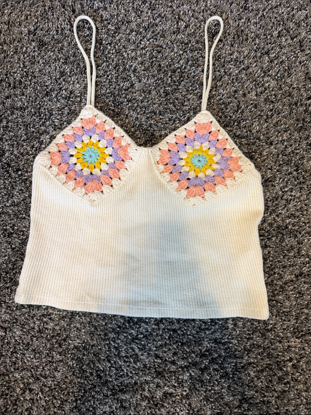 Zara Cream Ribbed Tank with Pastel Crochet Squares